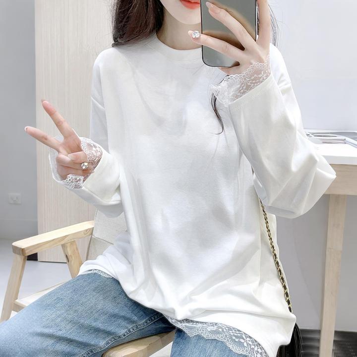 秋冬新款宽松圆领中长款套头蕾丝拼接德绒磨毛加厚保暖显瘦T恤衫