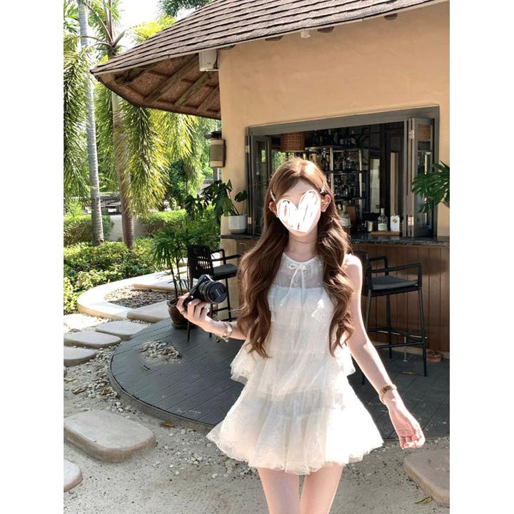 2025年春季新款白色系带蕾丝无袖背心上衣蓬蓬裙半身裙短裙两件套