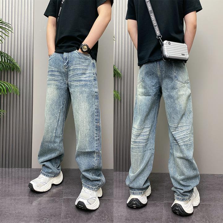 2025秋季新款美式复古水洗蓝色牛仔裤男士潮牌宽松直筒阔腿长裤子