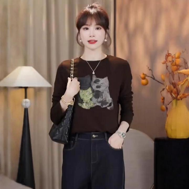 小猫印花上衣长袖T恤女欧洲站2025秋装新款欧货女装洋气打底衫潮