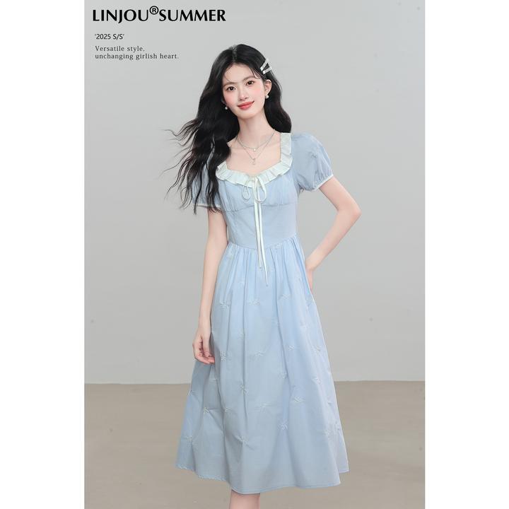 玲玖蓝色甜美泡泡袖方领高腰收腰显瘦超好看法式连衣裙子女装夏季
