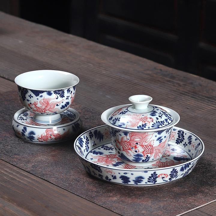 景德镇茶具套装仿古高温釉下彩新款创意网红家用茶楼旅行悬停盖碗