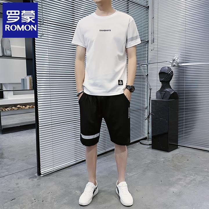 Romon/罗蒙运动套装男士夏季新款速干休闲薄款短袖短裤两件套搭配