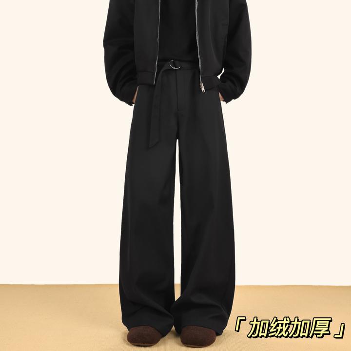 黑色垂感西裤男款冬季加绒加厚青少年宽松直筒裤美式潮牌休闲裤子