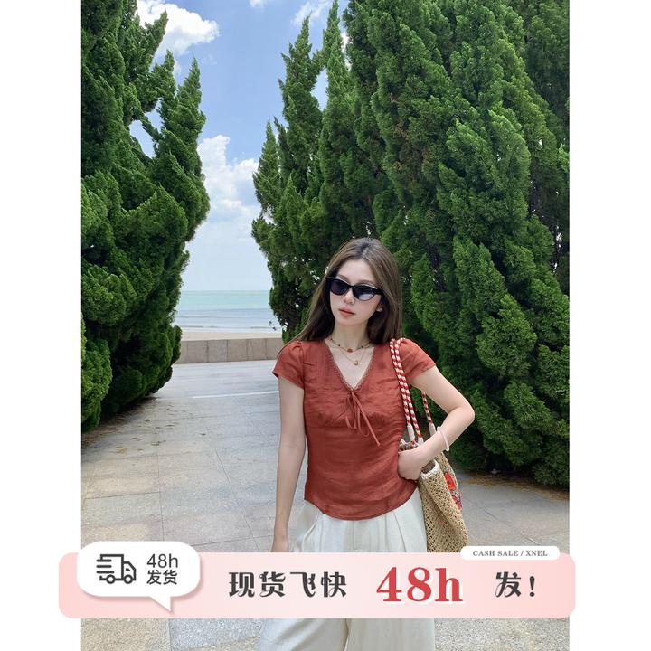 陳文文xenl【卡罗拉】夏季新款百搭复古红色上衣休闲裤两件套女0144