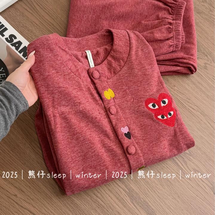 『酒红爱心』秋冬睡衣女亲肤双面磨毛绒保暖简约纯色长袖家居服套装