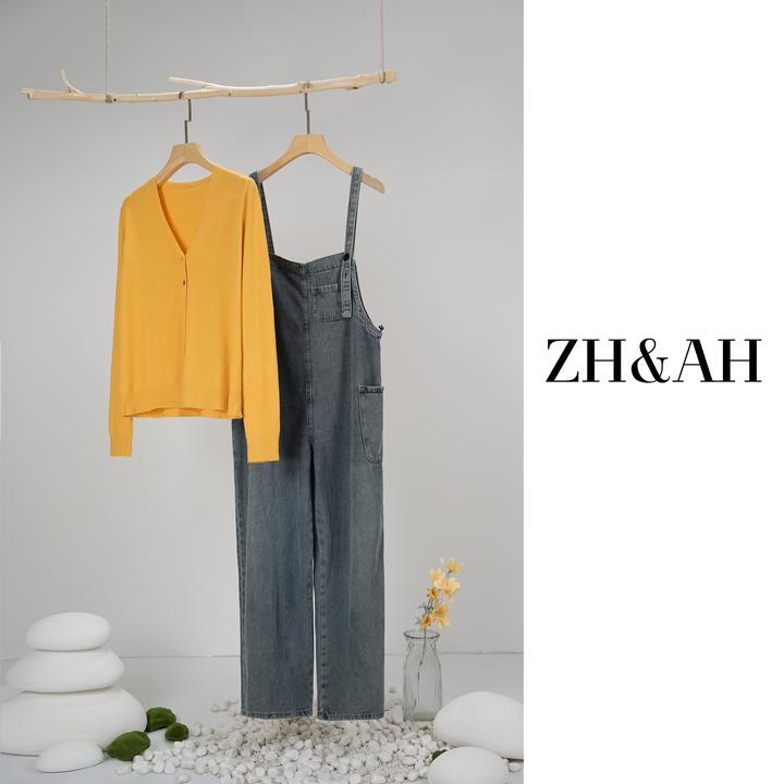 ZH&AH【仁川日落】秋季新款时尚气质百搭孕期休闲牛仔背带裤套装