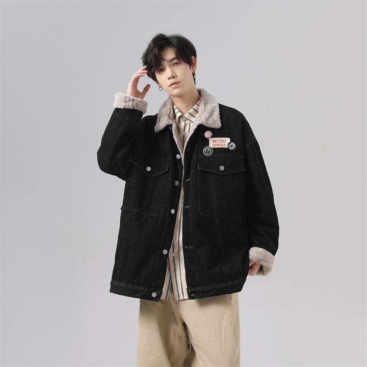 浅蓝色牛仔外套男款冬季潮牌羊羔毛翻领棉衣美式复古加厚工装夹克