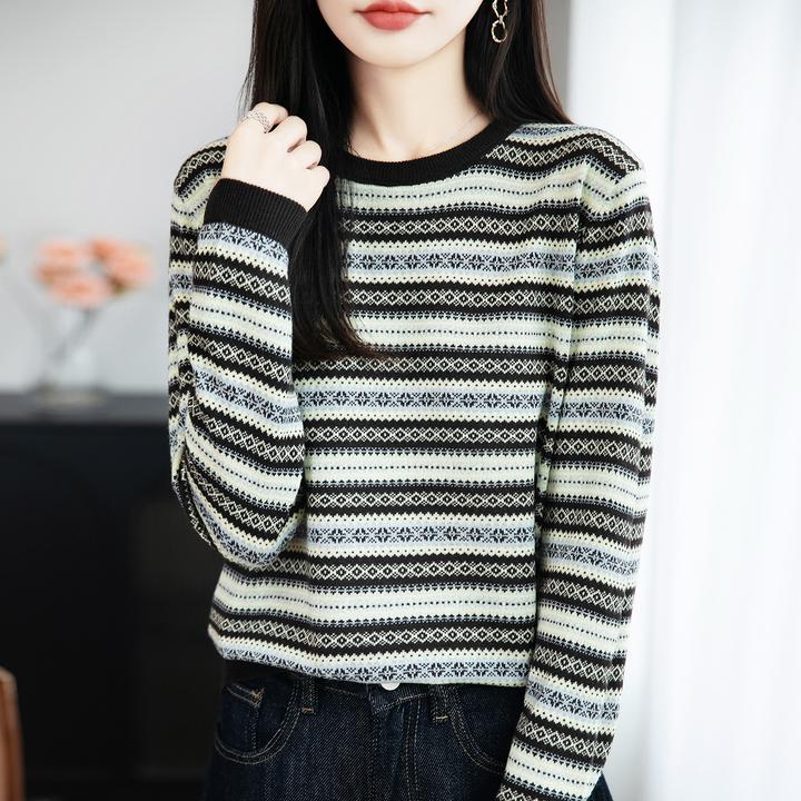 胖mm春秋大码女士条纹毛衣遮肚子显瘦气质上衣早秋内搭针织打底衫
