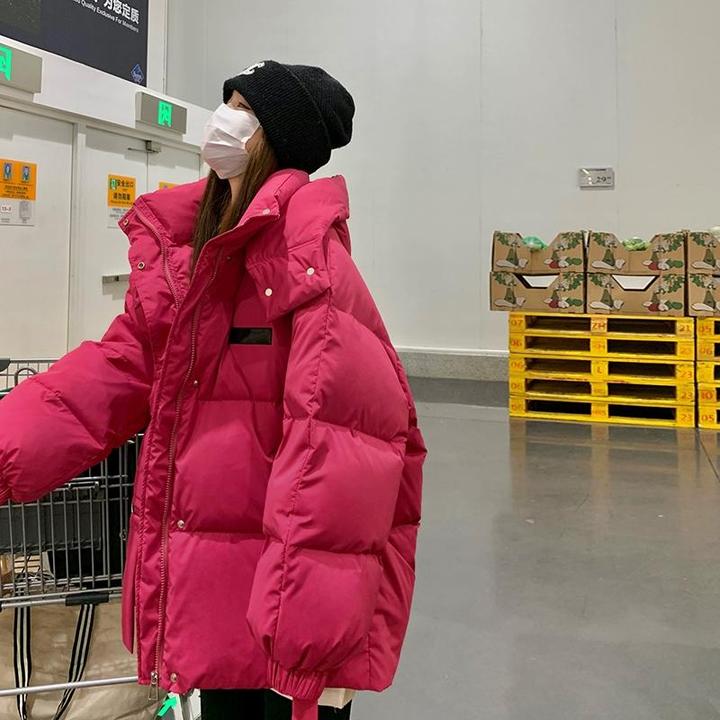 火龙果色羽绒服女冬季2024新款韩版学生面包服保暖白鸭绒外套