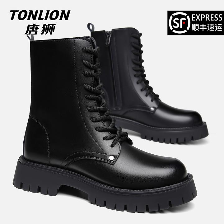 唐狮男鞋2025冬季英伦风黑色工装皮靴厚底加绒高帮10孔马丁靴子潮