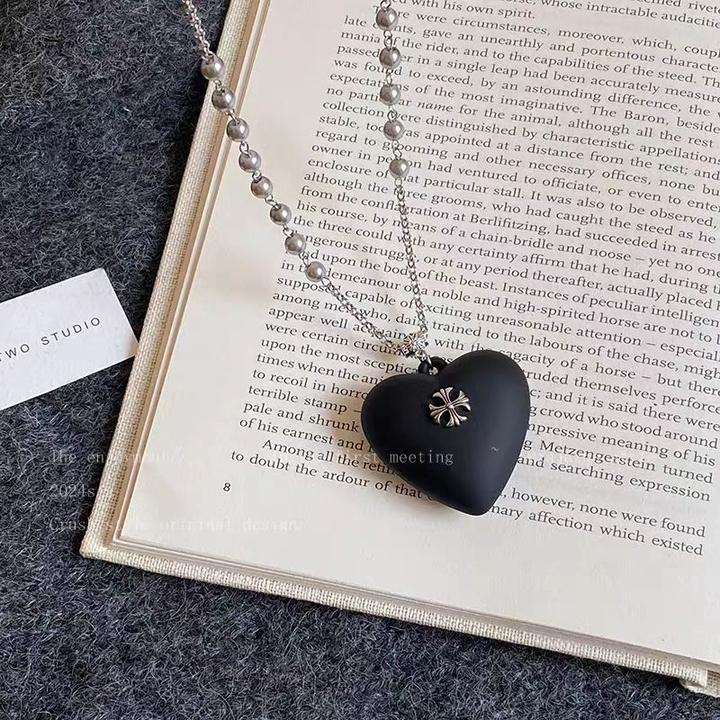 钛钢吊坠 长款黑心项链百搭甜酷个性小众ins灰色锁骨链秋冬毛衣链