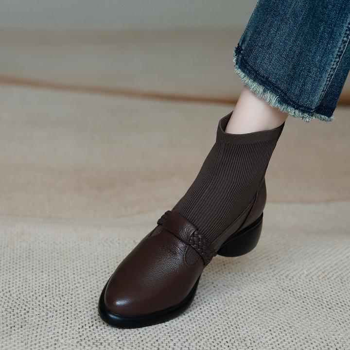 MENEER-M2025新款真皮后拉链编织粗跟短靴女弹力针织拼接及踝靴子