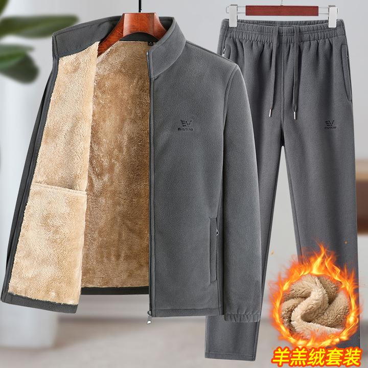 冬季羊羔绒运动套装男爸爸冬装加绒加厚外套中年保暖卫衣休闲衣服