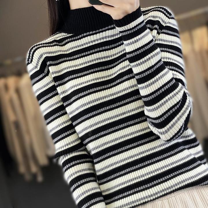 秋冬季新款条纹长袖针织打底衫女半高领套头毛衣洋气内搭保暖毛衫
