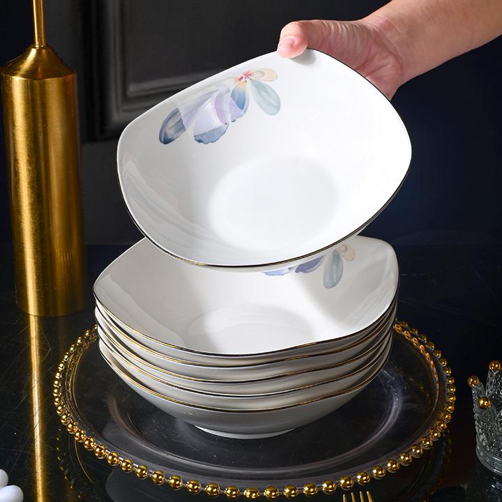 【6只装】水墨花影8英寸翘脚碗盘2025新骨瓷釉下彩餐具