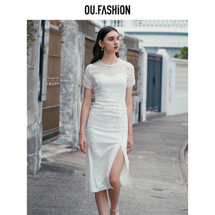 OU.FASHION/欧点透肤领醋酸料侧边抽褶设计短袖连衣裙1122420314