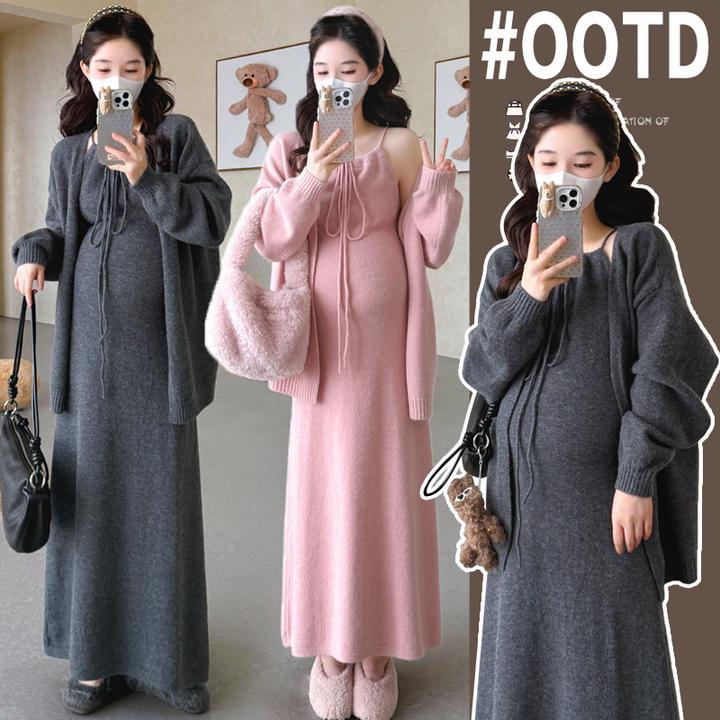 孕妇套装秋冬2026新款时尚休闲宽松毛衣开衫外套针织吊带裙两件套