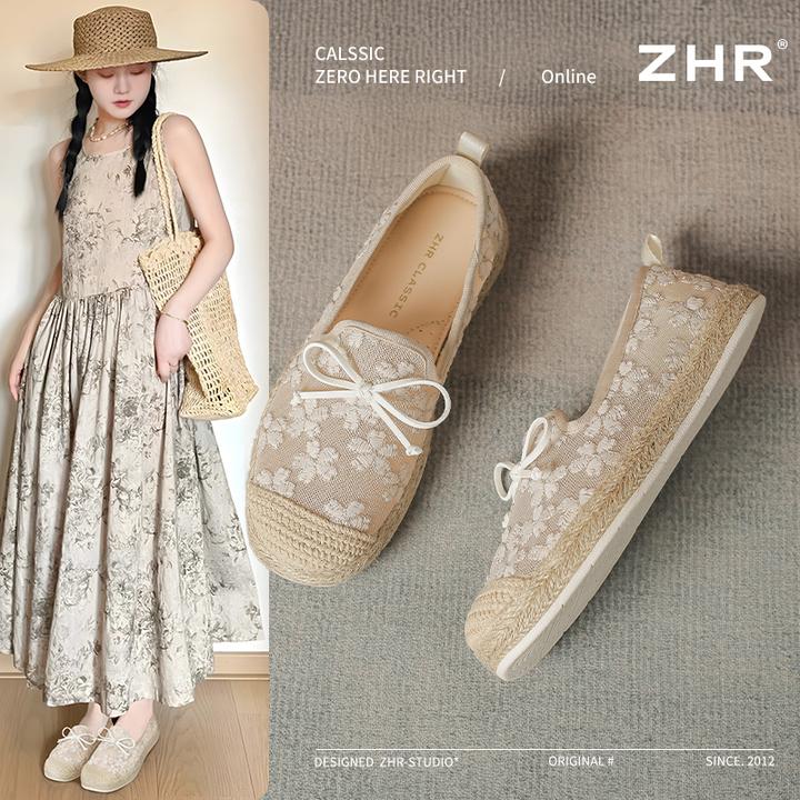 ZHR则则一脚蹬妈妈鞋女2025夏季蕾丝渔夫鞋蝴蝶结软底透气单鞋女