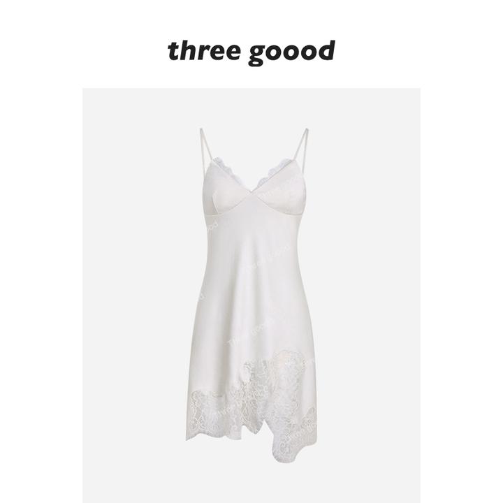 THREE GOOOD/三吉流光白茶不规则拼下摆蕾丝打底裙内搭Y725E14572