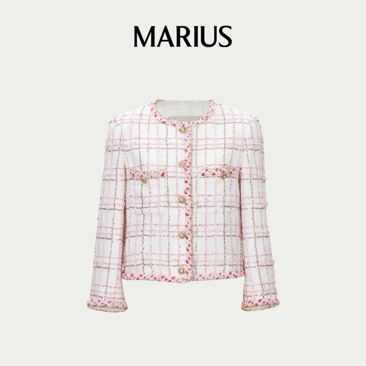 MARIUS“樱花雨”粉格小香编织粗花呢粉黛亮片短外套