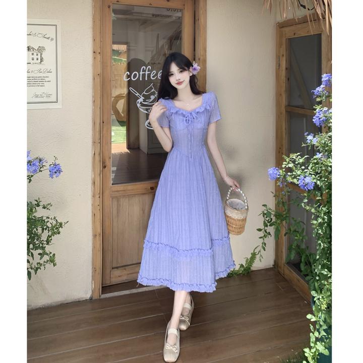 大码法式甜美公主蓬蓬裙女夏季胖mm纯欲风辣妹收腰显瘦连衣裙短裙