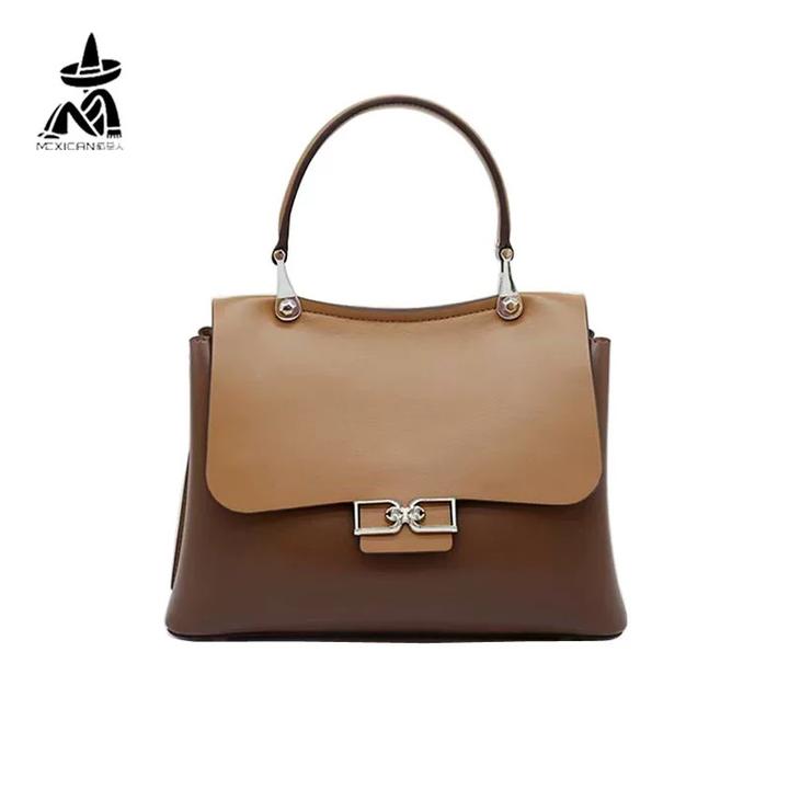 稻草人牛皮女包2024秋冬新款高品质拼接撞色真皮单肩斜挎手提包