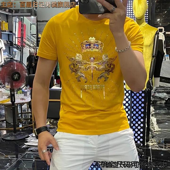 短袖T恤男圆领精梳棉2025夏季新款修身烫钻潮流男士时尚半袖T恤