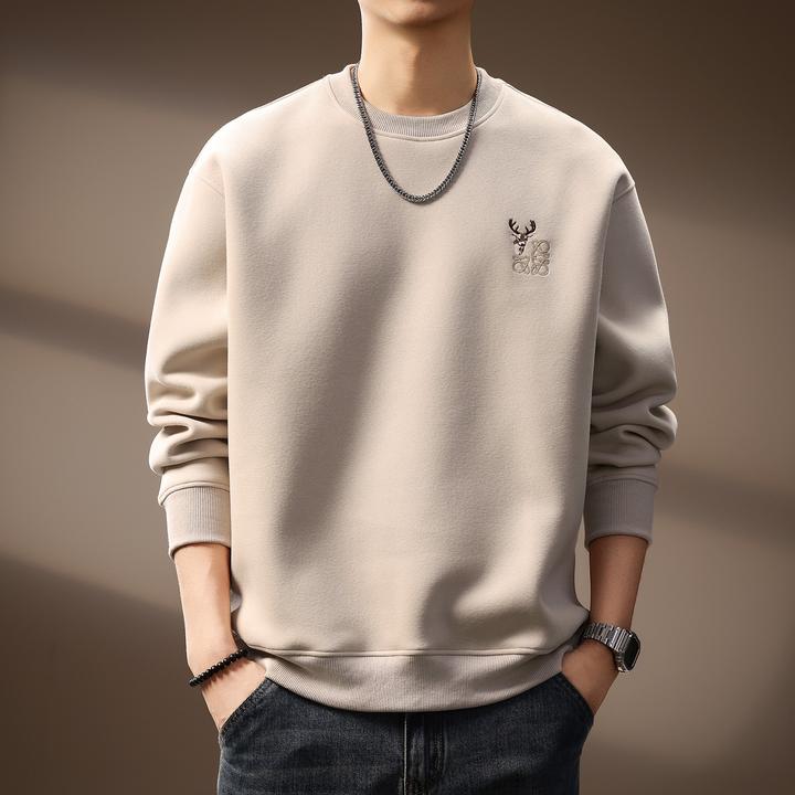 高端潮牌简约小鹿刺绣重磅卫衣男秋季新款美式复古宽松圆领上衣男