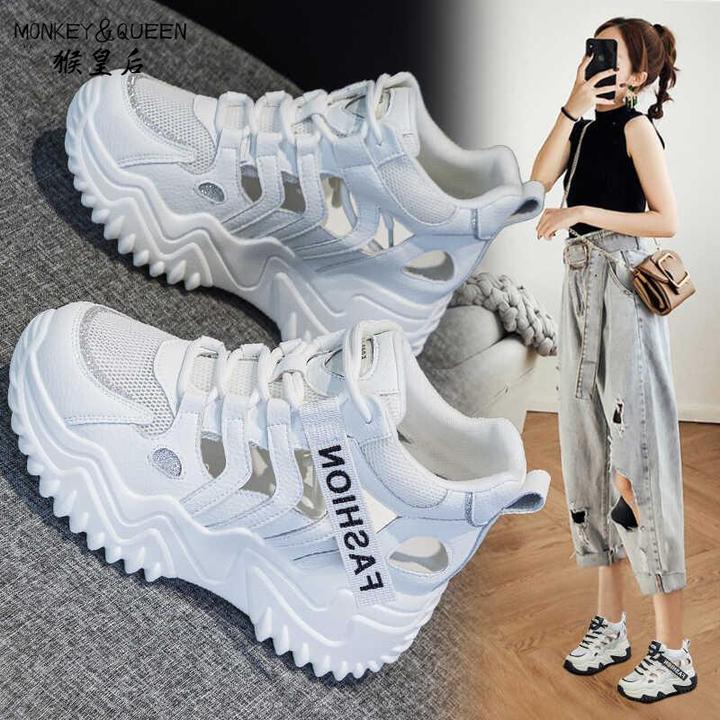 厚底小白鞋女2024夏季新款爆款百搭镂空透气薄款网面休闲老爹凉鞋
