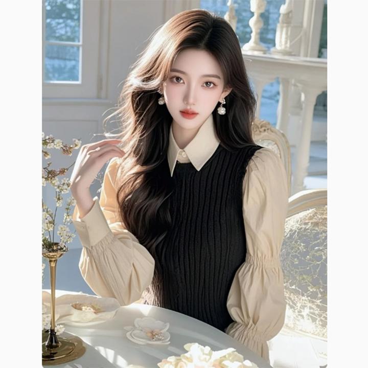 黑色假两件设计感长袖衬衫女春季新款高级感独特别致漂亮内搭上衣