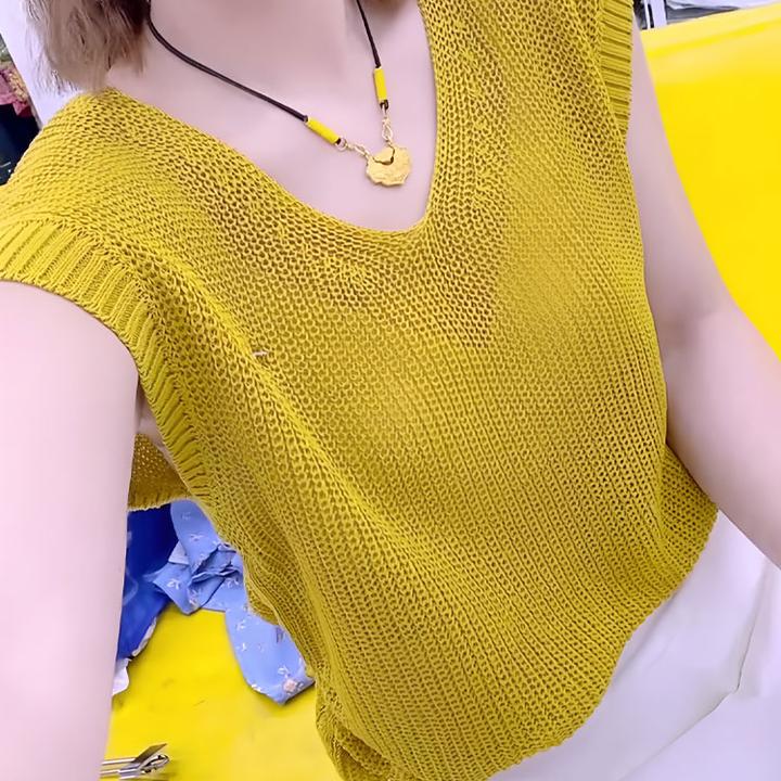 简约气质知性黄色针织短袖女2025年夏季新款柔软透气显白大码上衣