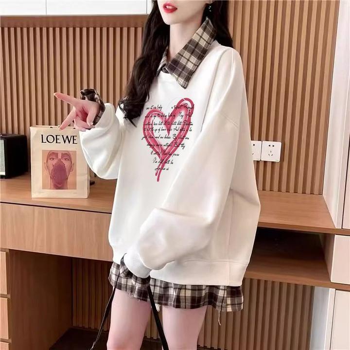 大码女装春秋薄款翻领卫衣女假两件设计感休闲宽松ins潮显瘦上衣