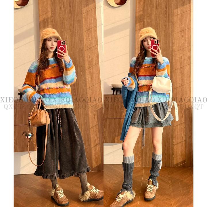 谢荞荞「彩虹糖豆」羊毛秋冬新款撞色条纹设计圆领宽松针织套头毛衣