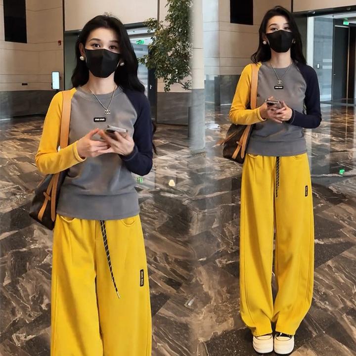 2025春季新款时尚休闲套装女洋气显瘦拼色纯棉T恤阔腿裤两件套潮