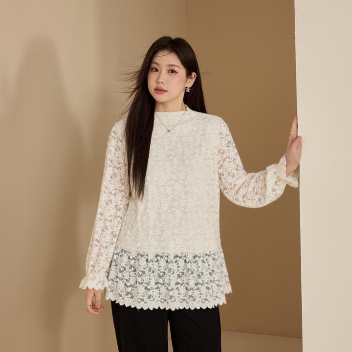 纤莉秀W大码女装流光秋冬风半高领雪尼尔抓毛蕾丝衫QK4666