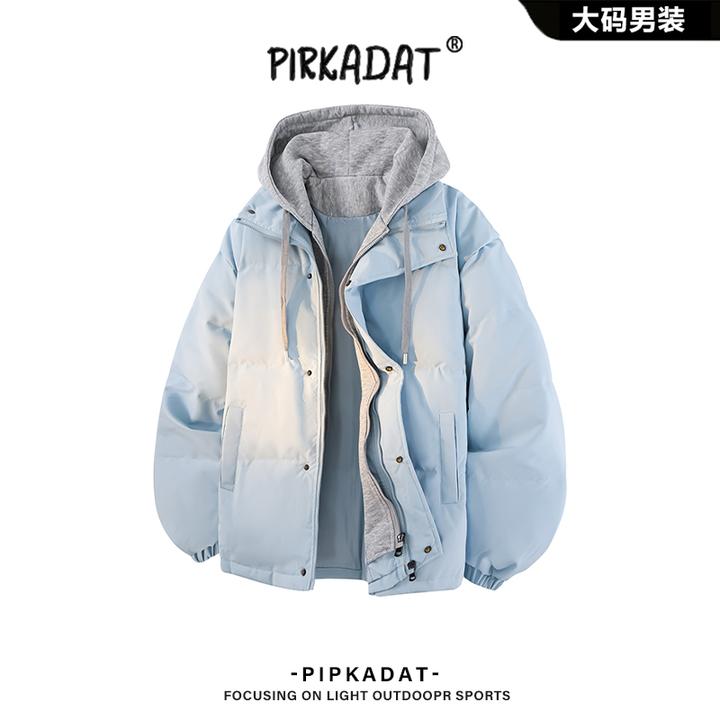 pirkadat冬季新款假两件连帽羽绒服男士保暖宽松外套户外休闲上衣