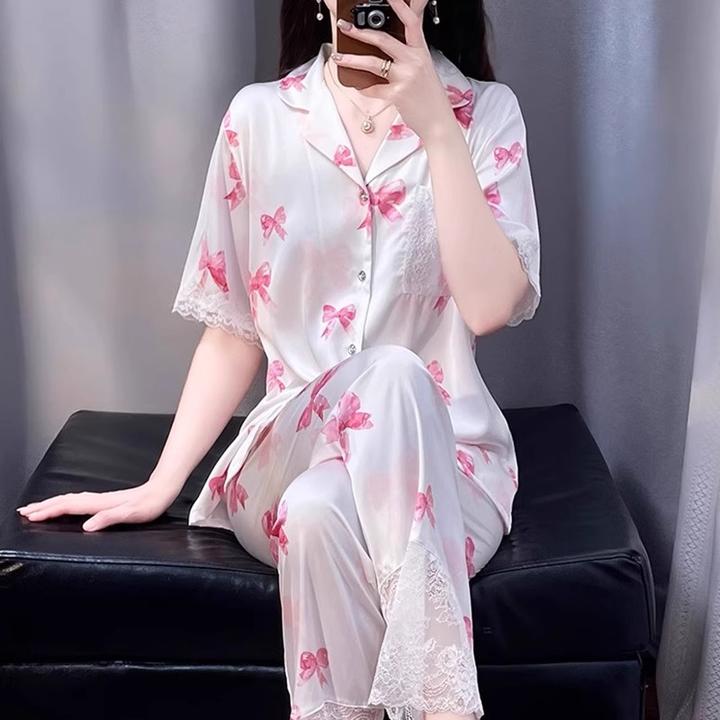 tpvl2025新款水光绸睡衣女夏季短袖长裤家居服套装印花甜美薄白色