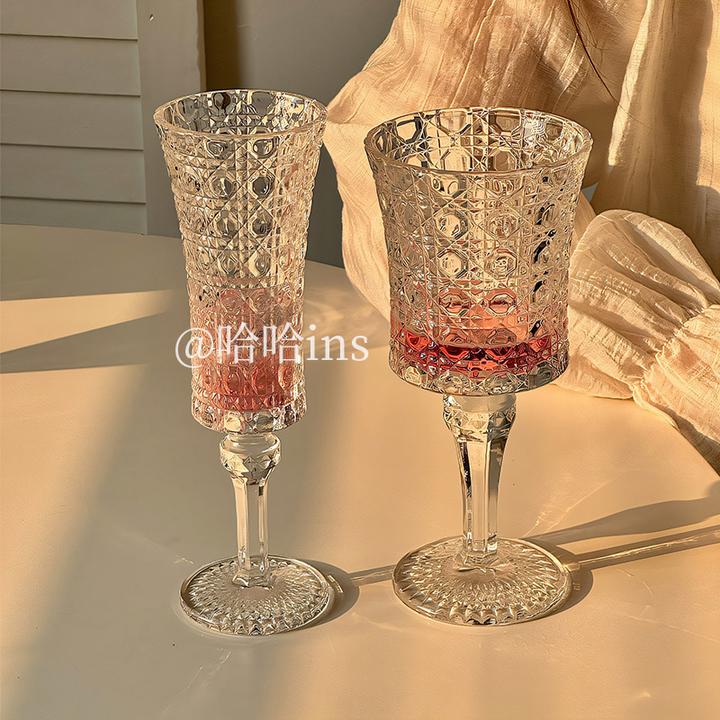 小众复古ins风宝石纹浮雕高脚杯高颜值玻璃杯香槟杯红酒杯法式杯