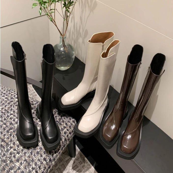 5cm/34-40小众设计时尚方头平底骑士靴显瘦百搭英伦风真皮长靴