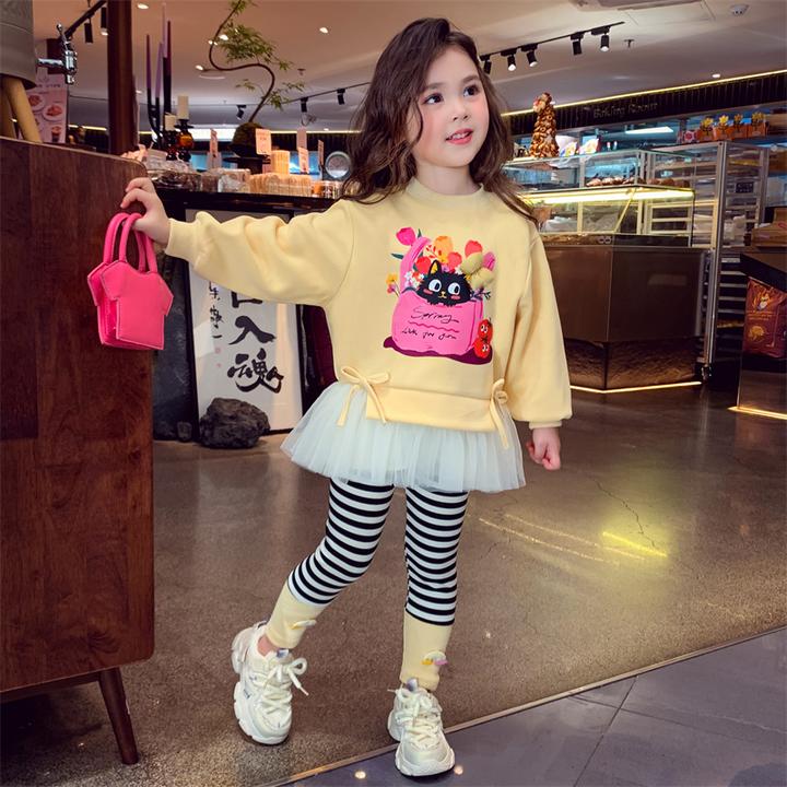 女童套装秋装2025新款韩系儿童卡通卫衣条纹打底裤女孩休闲两件套