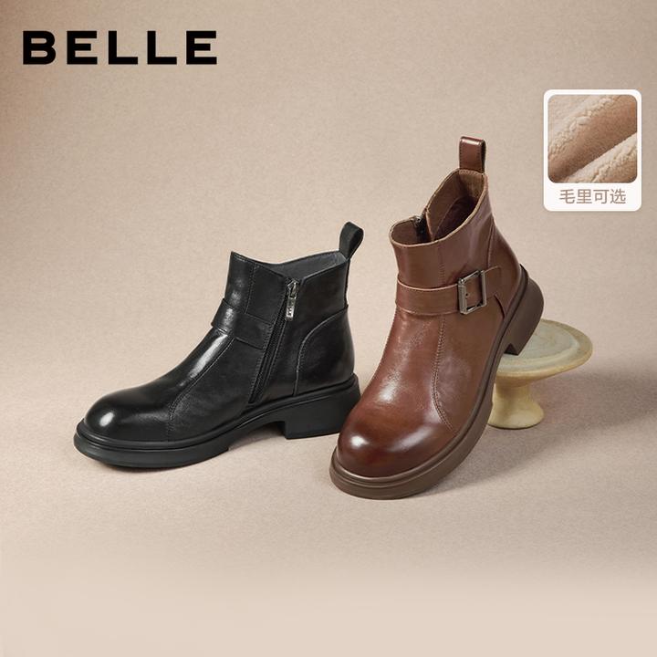 百丽复古加绒时装靴女鞋2025冬季新品英伦风厚底增高百搭真皮短靴