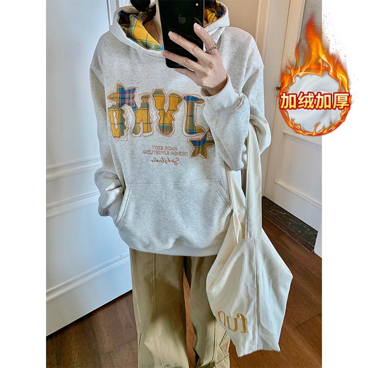 刺绣连帽卫衣女加绒加厚秋冬2025新款小个子oversize外套上衣潮牌