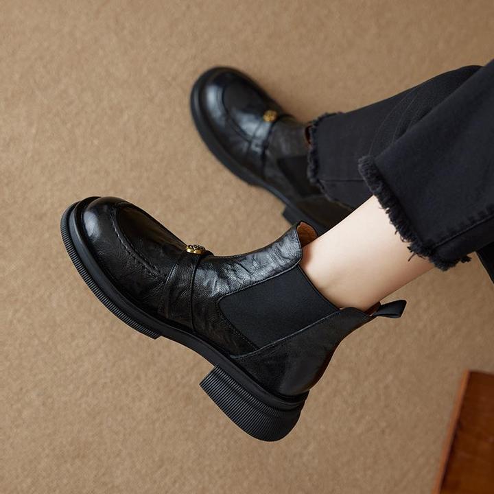 头层羊皮山茶花切尔西靴粗跟短靴女春秋单靴真皮烟筒靴厚底马丁靴