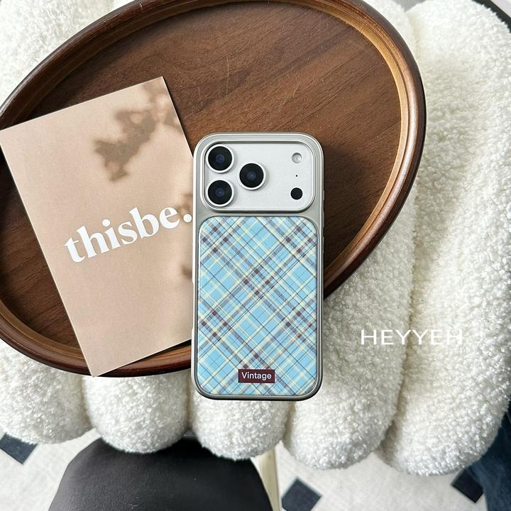 小清新蓝底菱格纹适用iPhone17promax苹果16手机壳15电镀银防摔14