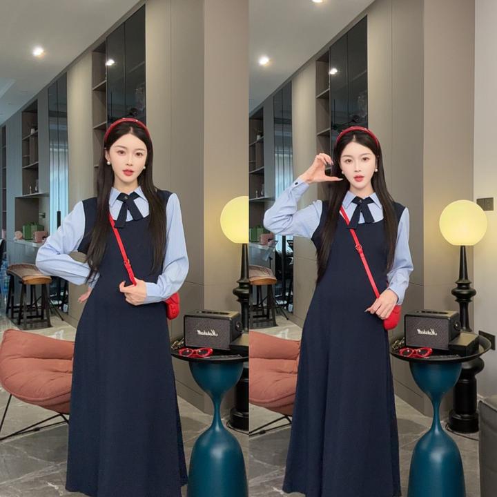 时尚宽松显瘦2025秋季新品孕妇大码学院甜美气质拼接假两件连衣裙