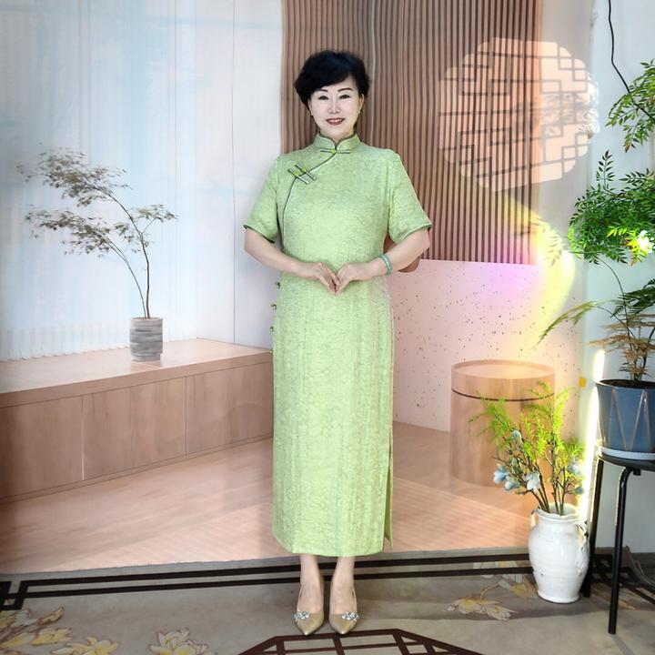 【向阳花开】低领大码旗袍显瘦气质时尚绿色夏季少女复古长款优雅