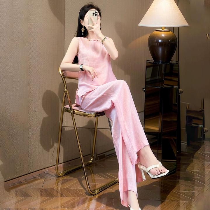 2025年新款清纯系夏日穿搭套装纯色亚麻粉色马甲阔腿裤两件套女装