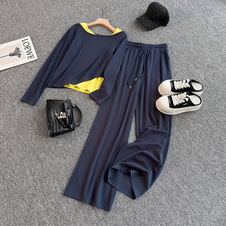 韩系设计感气质时尚套装女秋款撞色真两件斜肩上衣阔腿长裤三件套