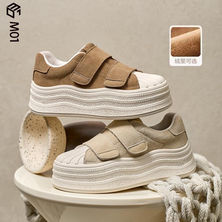 M01复古休闲板鞋女2025秋冬季新款加绒厚底增高贝壳头毛毛面包鞋